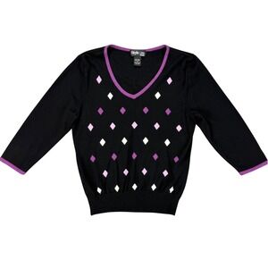 Style & Co Petite Womens M Black Purple V-Neck Sweater Diamond Argyle 3/4 Sleeve